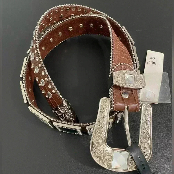 Vintage Western Leather Studded Rhinestone Belt Cowgirl New Boho Festival - Picture 2 of 10